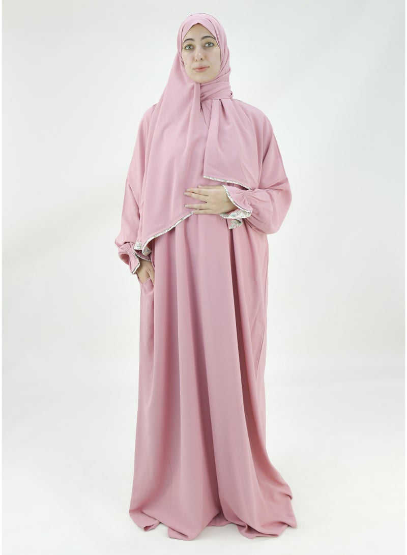  داماس كولكشن باس صلاة نسائي قطعة واحدة من قماش كريب فوكا فاخر مع وشاح متصل وجيب – ملابس صلاة شرعية مريحة - Image 1